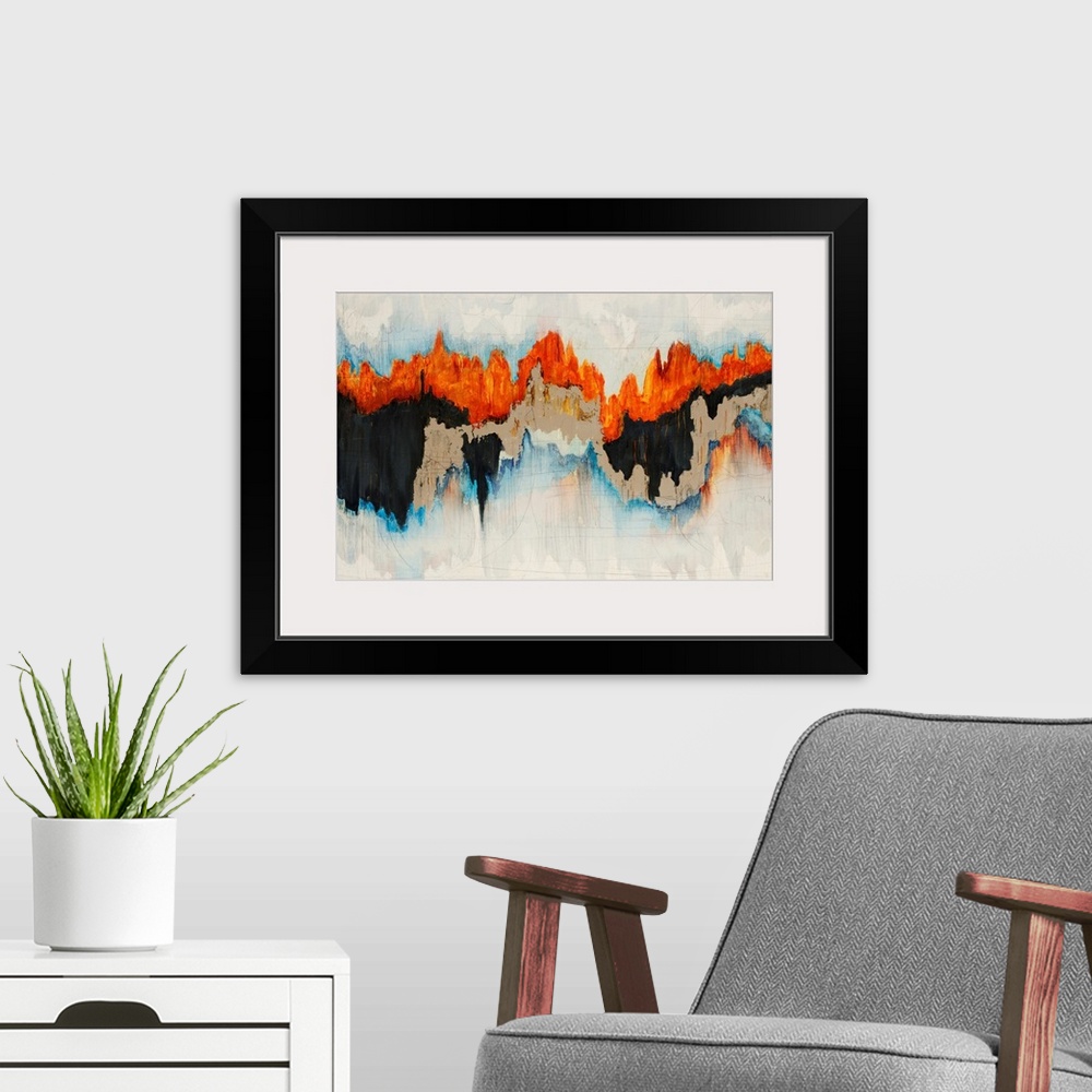 A modern room featuring Contemporary abstract painting with jagged bright orange, tan, black and light blue lines over a ...