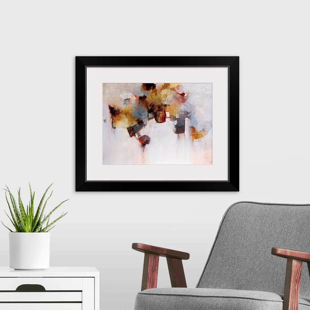 A modern room featuring This oversized wall art for the home office of an abstract painting made with a variety of brushs...