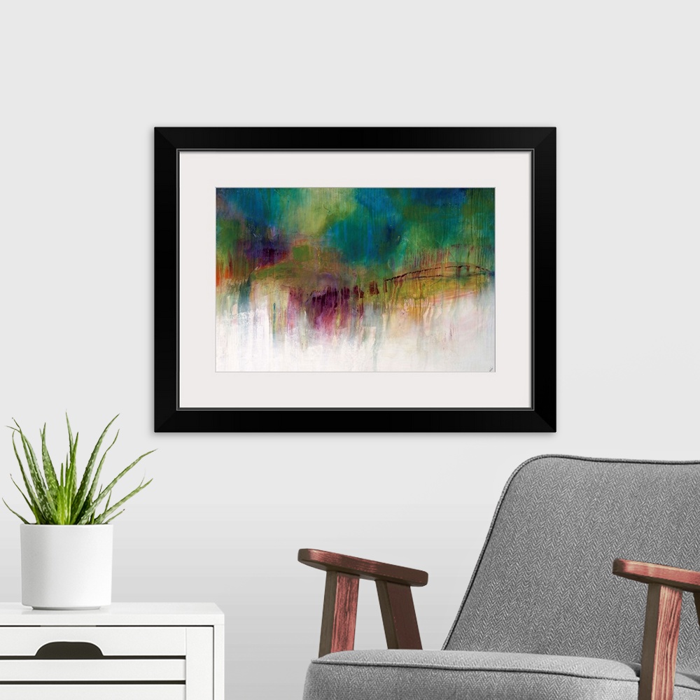A modern room featuring Abstract painting of a mass of vibrant multicolored clusters that appear as one large cloud loomi...