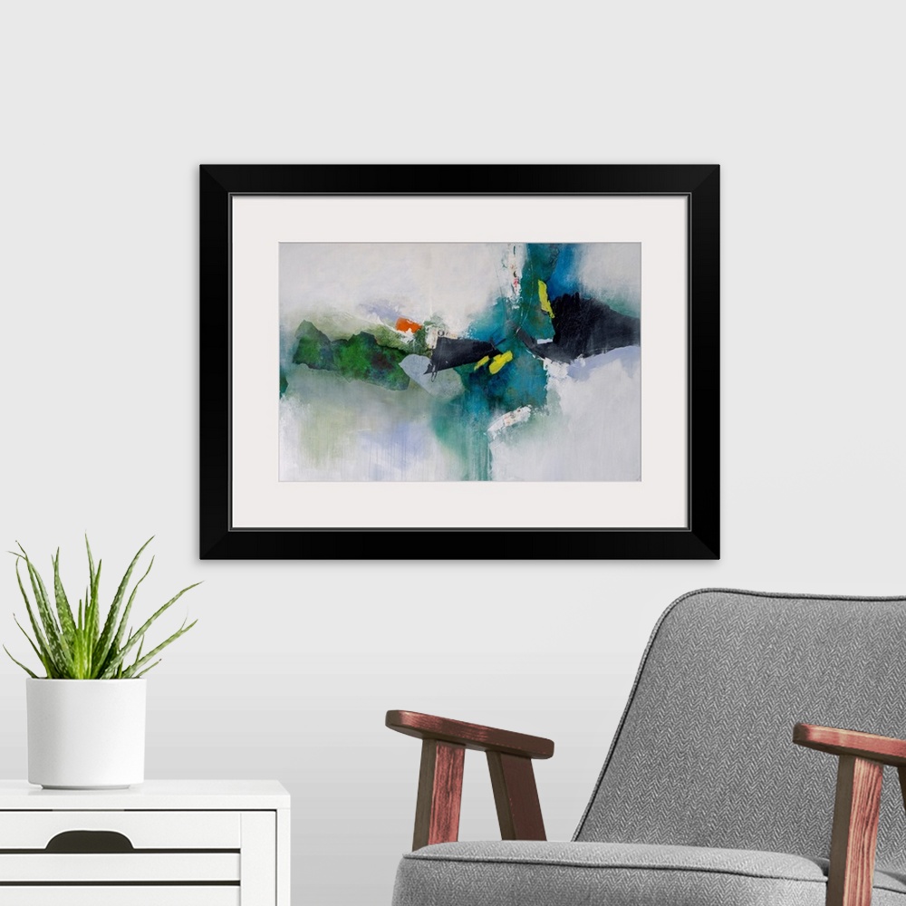 A modern room featuring Abstract art of a cluster of dark shapes grouped horizontally with softened edges as their color ...