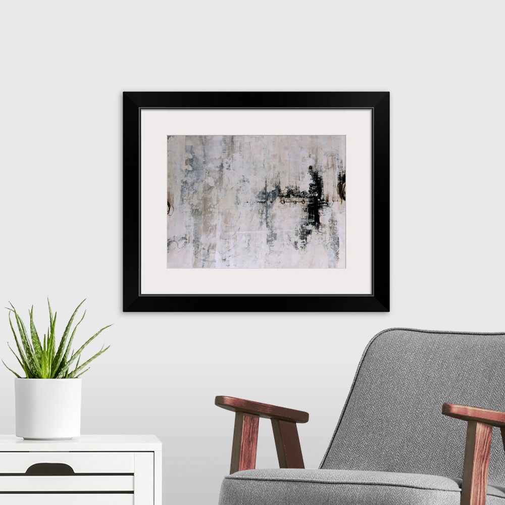 A modern room featuring Big abstract art composed of a muted background covered with a few dark highlights over top of it...