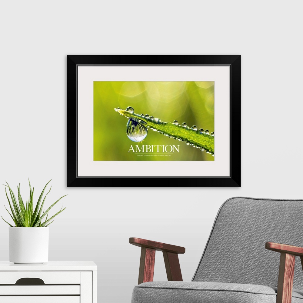 A modern room featuring Big, landscape, inspirational artwork of a single, pointy leaf covered in dew drops, one large dr...