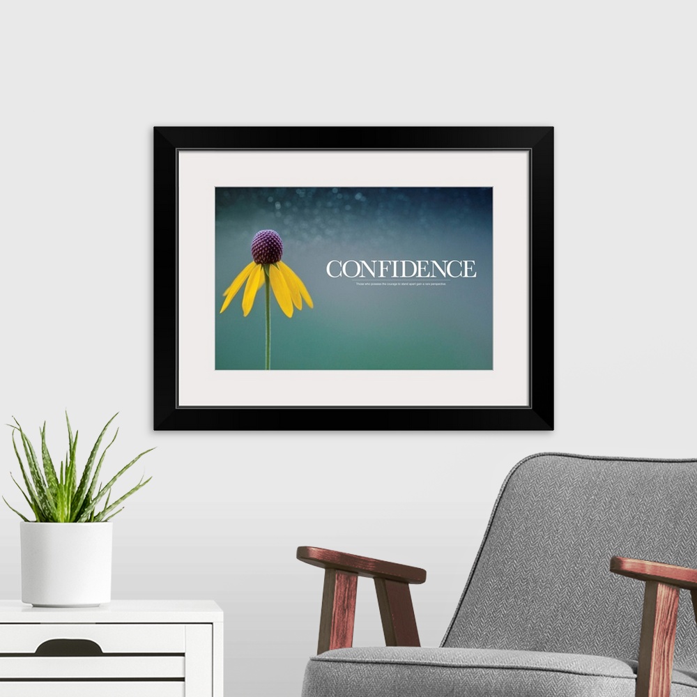 A modern room featuring Art work to inspire and motivate this horizontal photograph shows a single flower and an out of f...