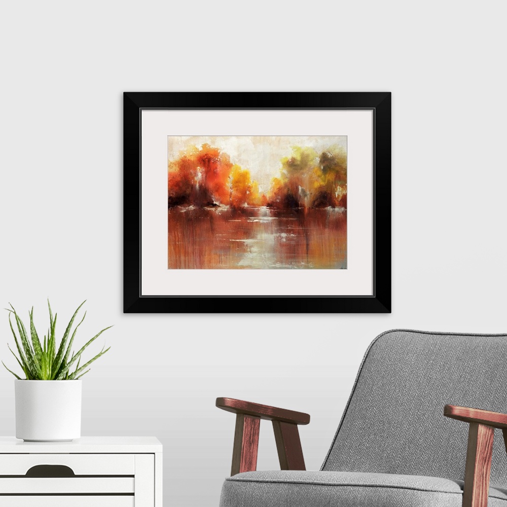 A modern room featuring Contemporary, decorative wall art of an abstract painting that is reminiscent of autumn shrubs re...