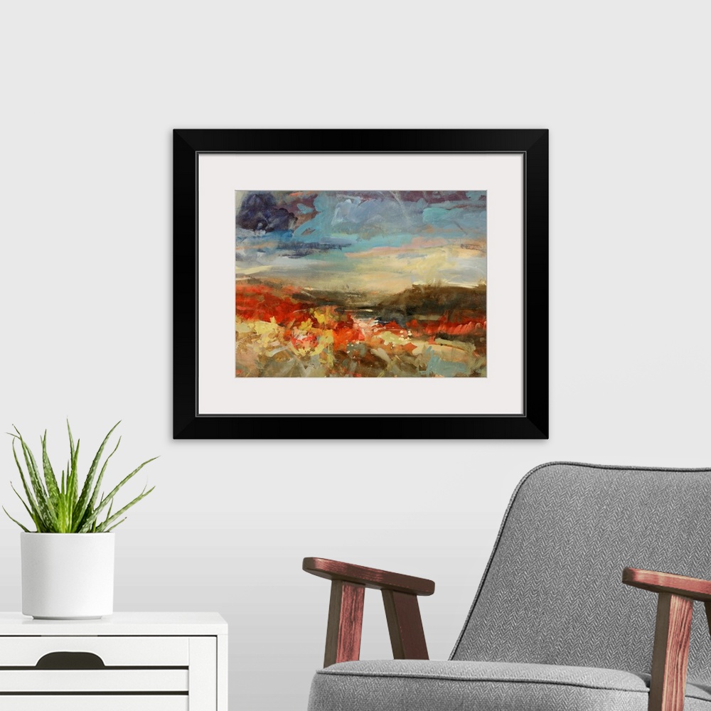 A modern room featuring A landscape painting of mountains a river with abstract styling.