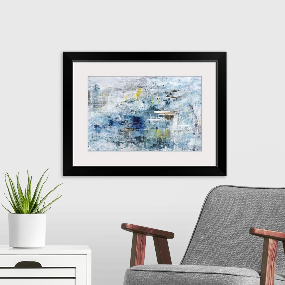 A modern room featuring A textured abstract painting in shades of blue and gray with elements of yellow throughout.