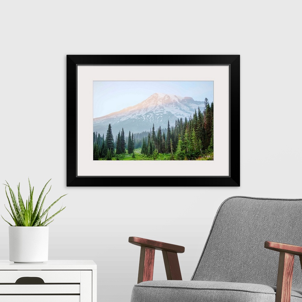 A modern room featuring View of Mount Rainier's peak in Mount Rainier National Park, Washington.