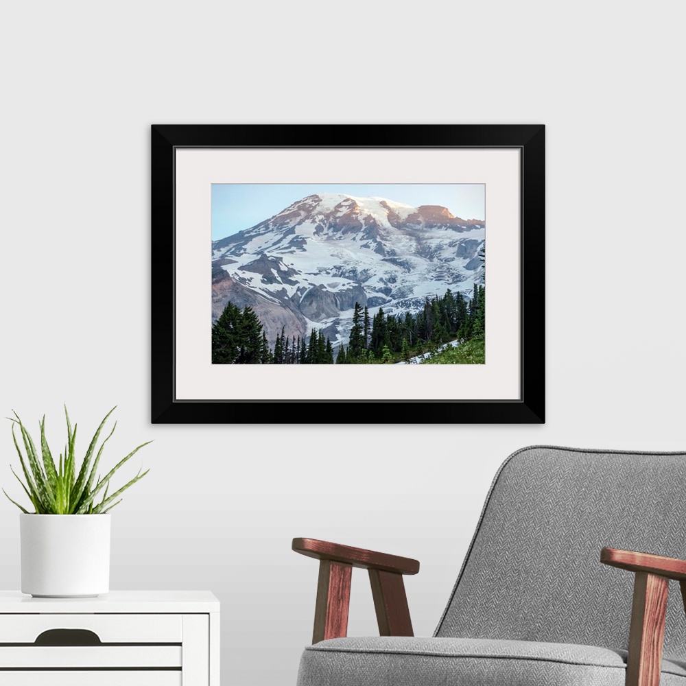 A modern room featuring View of Mount Rainier's peak in Mount Rainier National Park, Washington.