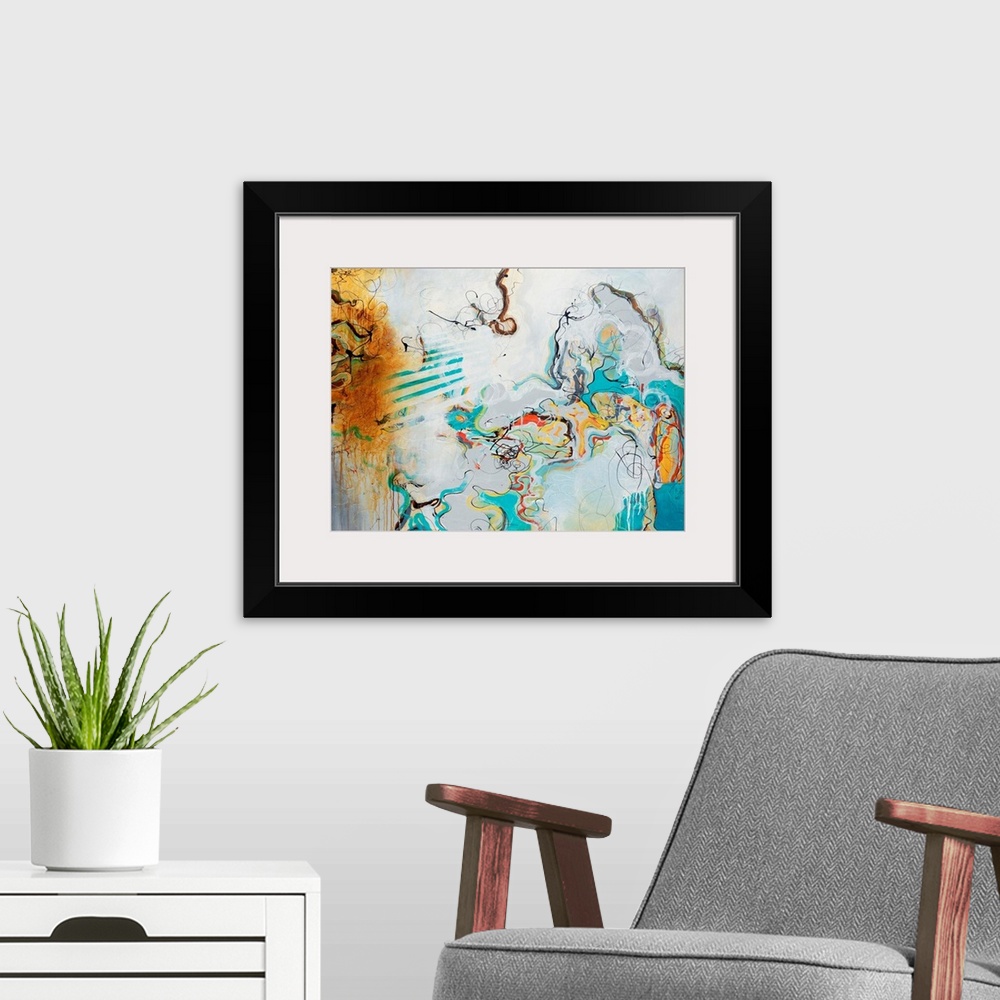 A modern room featuring Giant abstract art comprised of various earth and cool tones. Artist creates a busy piece by usin...