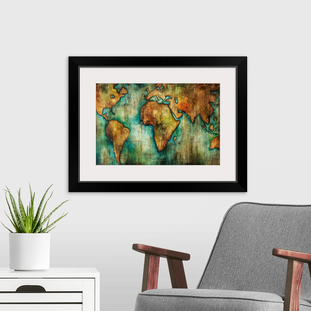 A modern room featuring Painting of a world map done in an antique style with shades of brown and blue-green.