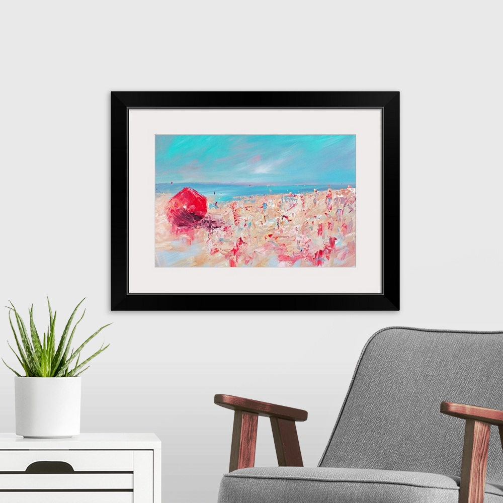 A modern room featuring Contemporary painting of a beach scene with a bright red umbrella and deep turquoise water.