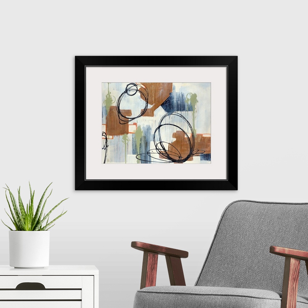 A modern room featuring Abstract painting of circles and various other shapes on canvas.