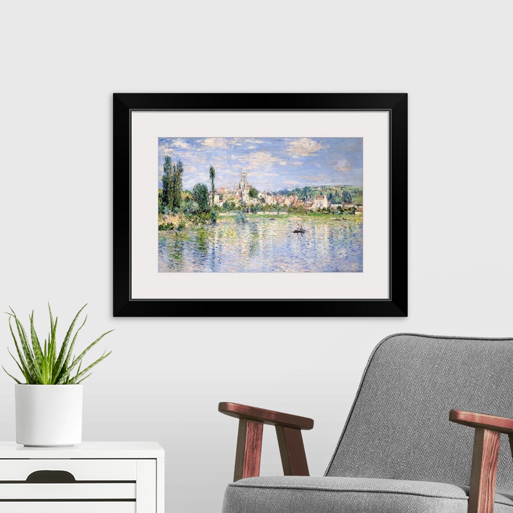 A modern room featuring In this view of Vetheuil, seen from the opposite bank of the Seine, the flicker of individual bru...