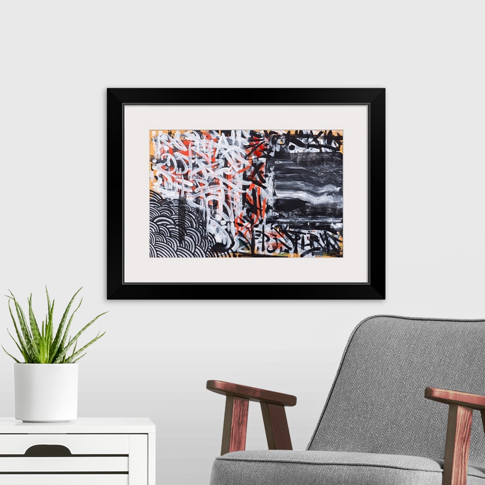 A modern room featuring Urban abstract painting in orange, white, and black.