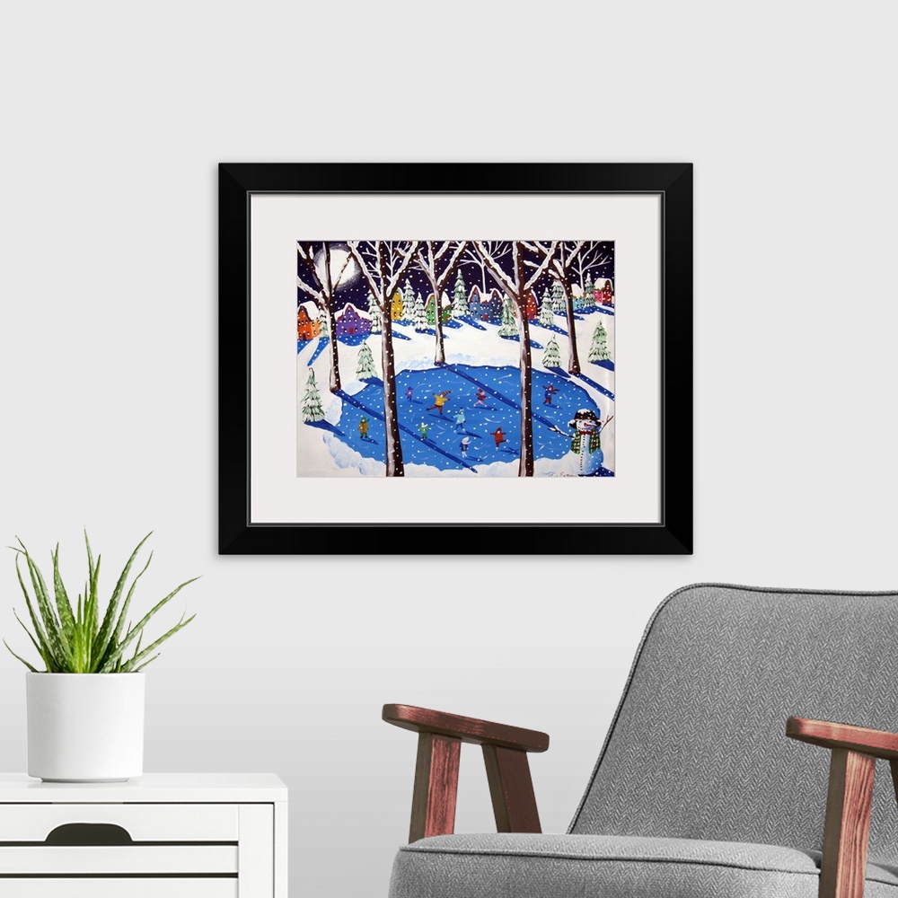 A modern room featuring Fun winter scene with the neighborhood kids skating on the pond in front of their colorful houses...