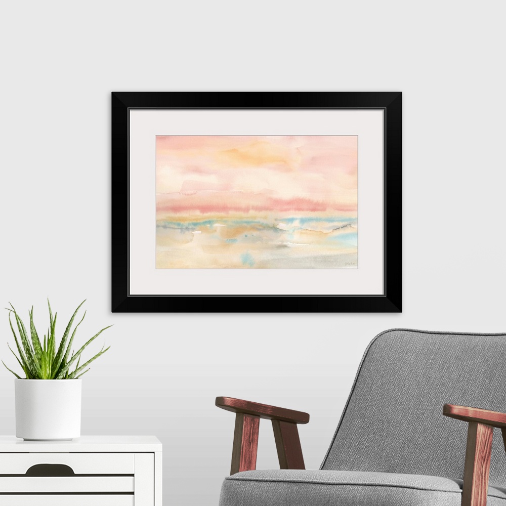 A modern room featuring Square abstract watercolor painting in blurred brush strokes of muted tones of pink, blue and green.