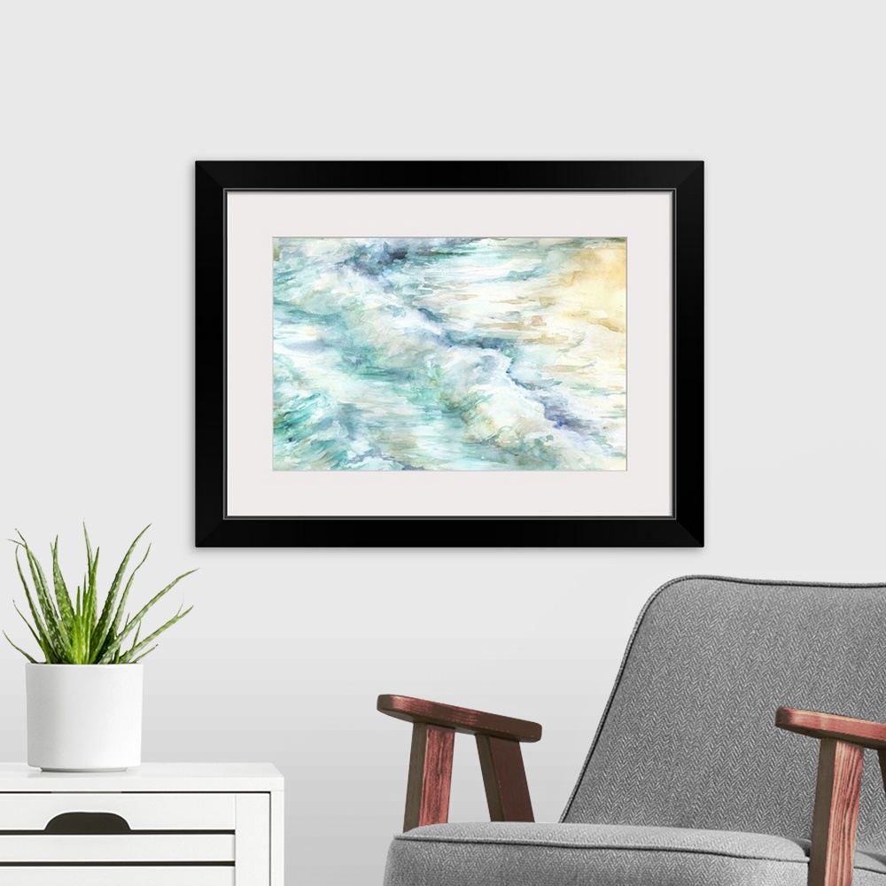 A modern room featuring A decorative watercolor painting of a ocean waves in subdue tones of green and blue.