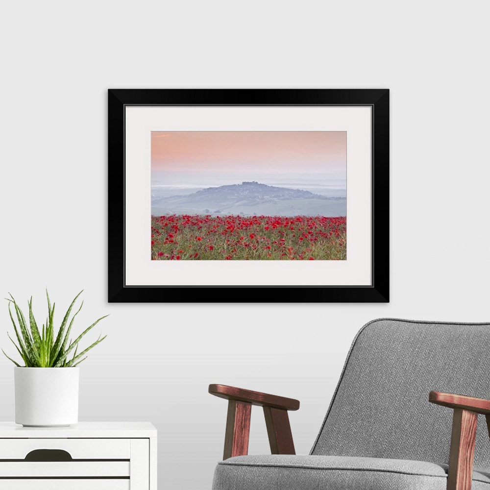A modern room featuring A colourful display of poppies above the village of Sancerre in the Loire Valley, Cher, Centre, F...