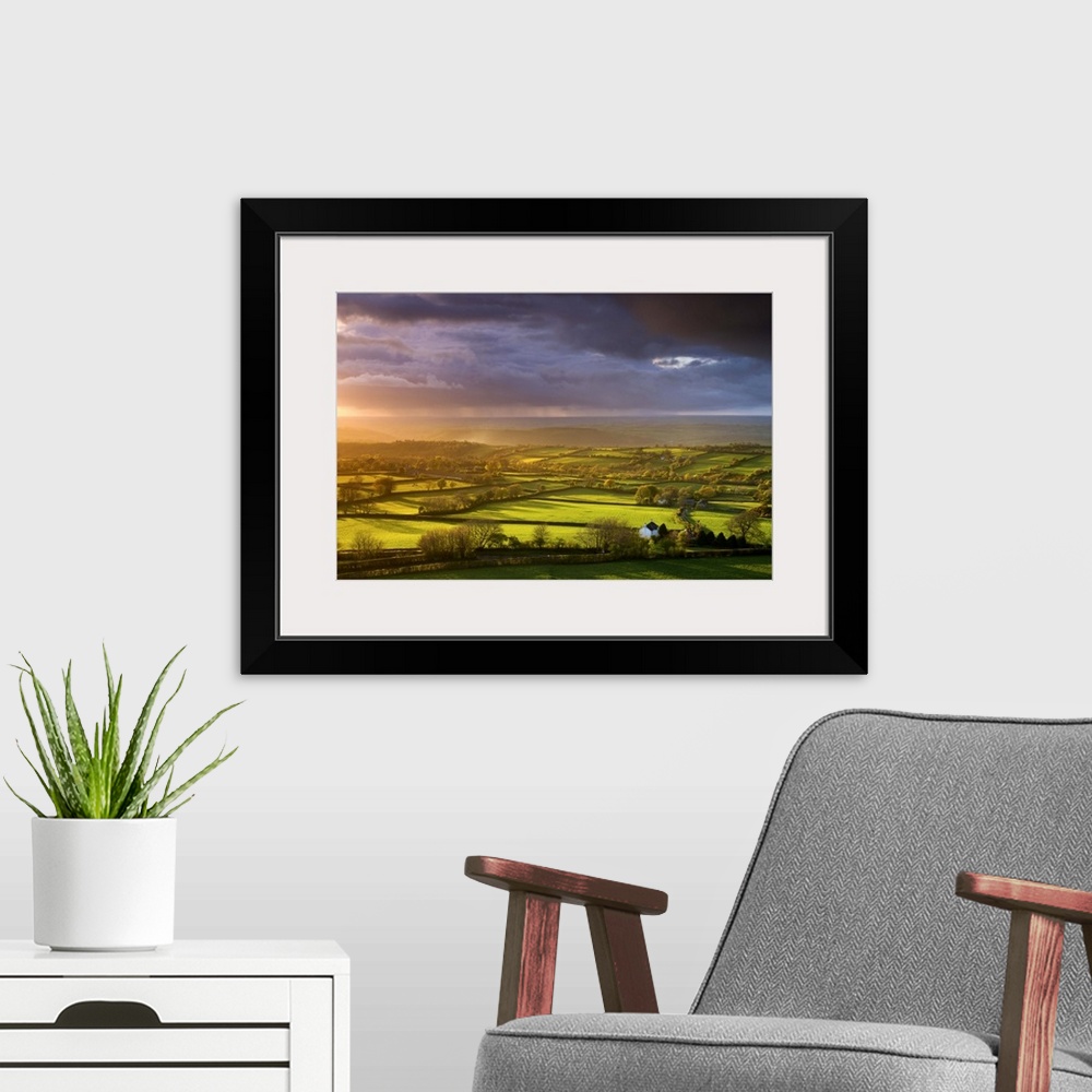 A modern room featuring Storm light over Devon countryside near Brentor, Dartmoor National Park, Devon, England