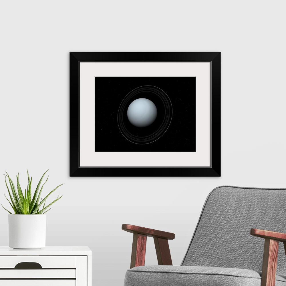 A modern room featuring Uranus and its rings. Artwork of Uranus, the seventh planet from the Sun, and its rings. Uranus i...