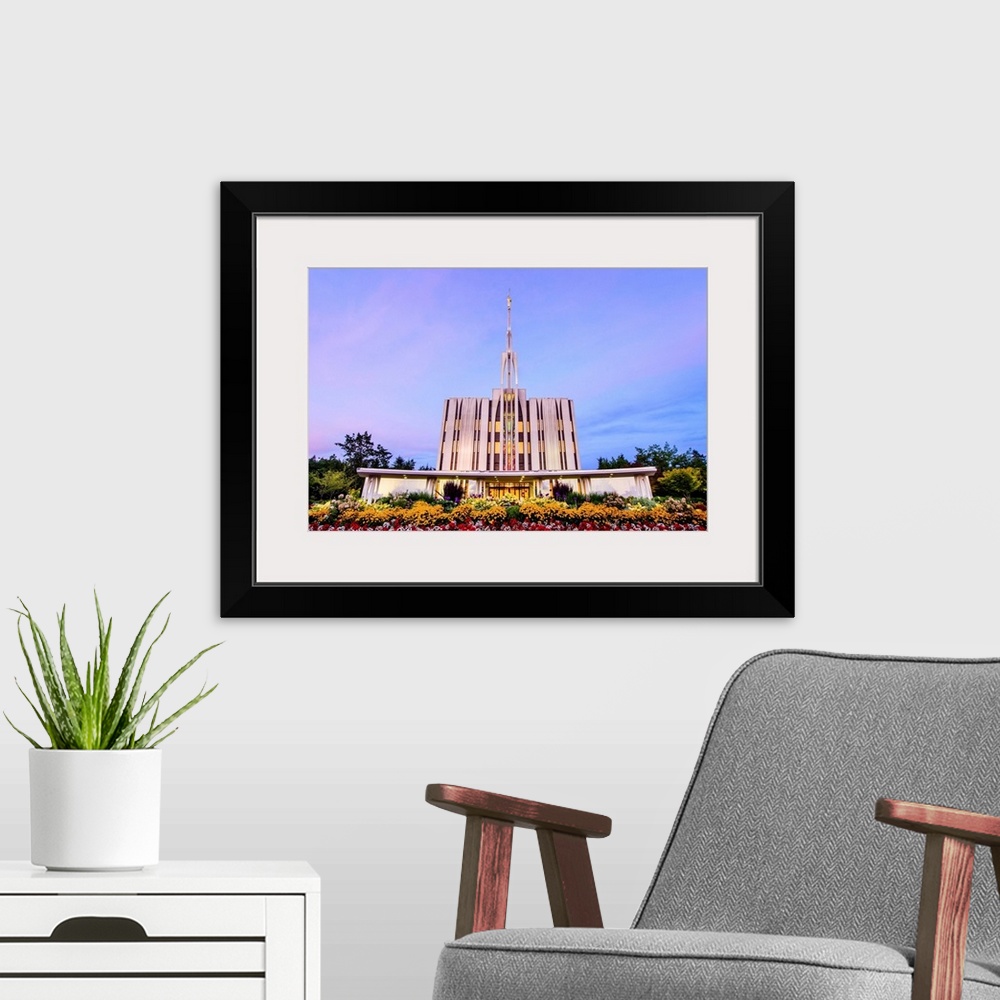 A modern room featuring The Seattle Washington temple is located in Bellevue, Washington. The temple grounds encompass mo...