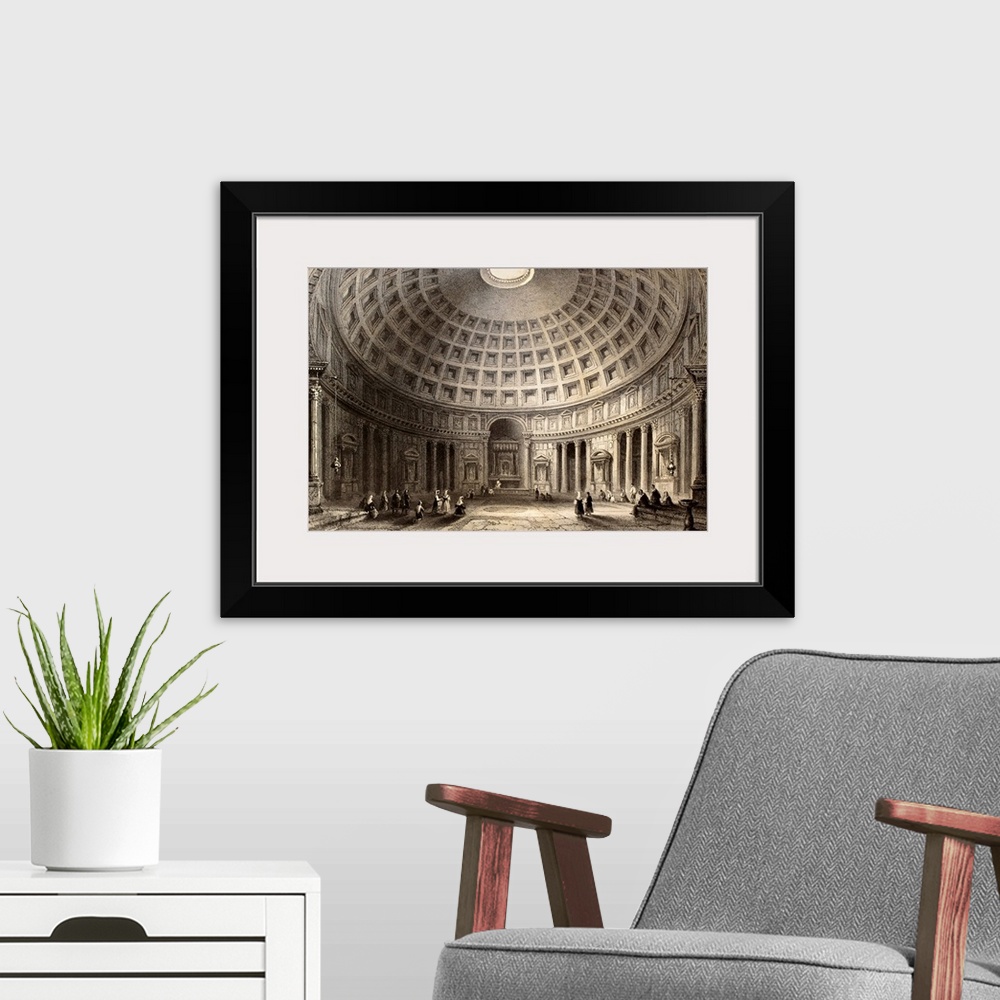 A modern room featuring Antique illustration of  Pantheon in Rome, Italy. Original, created by W. H. Bartlett and E. Challis