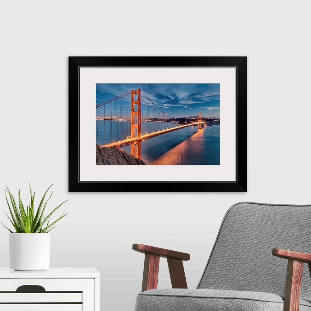 A modern room featuring The Golden Gate Bridge in San Francisco bay.