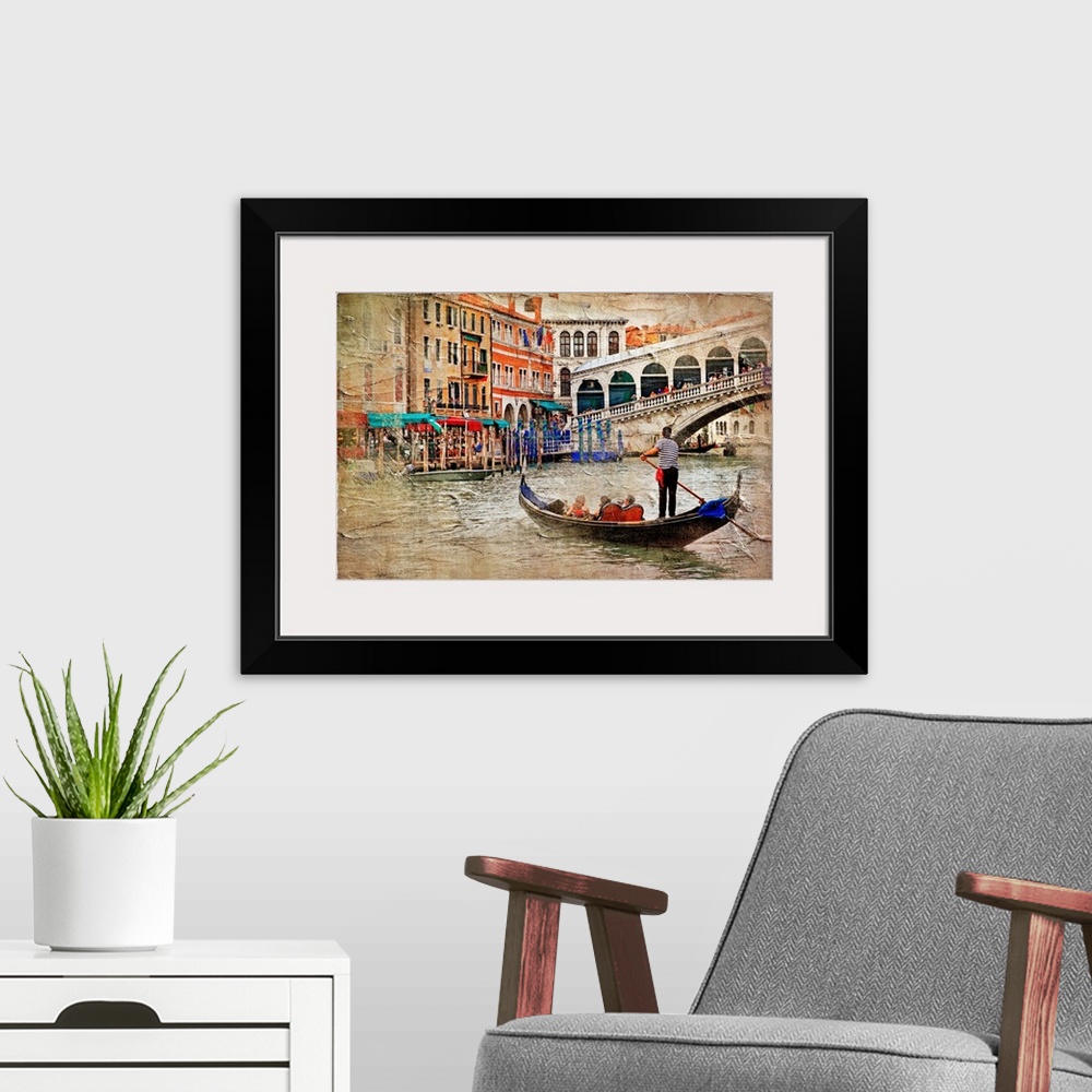 A modern room featuring beautiful Venice - artwork in painting style