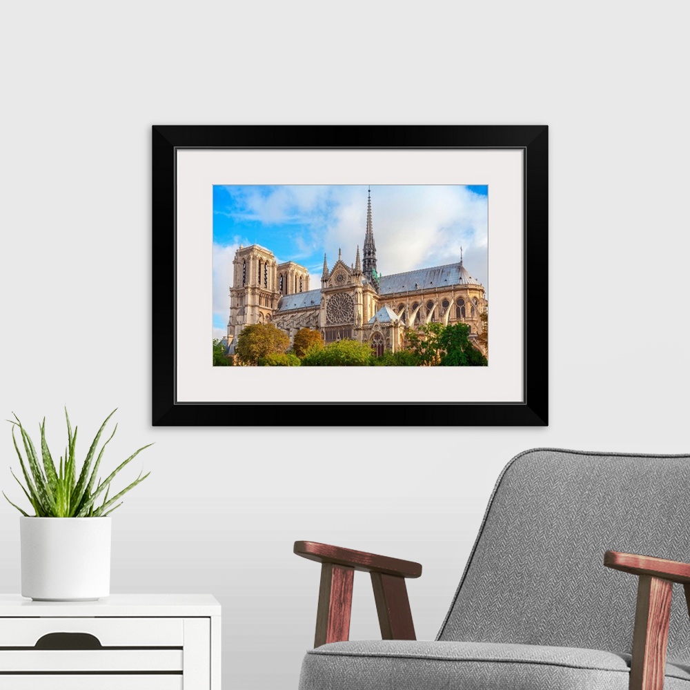 A modern room featuring Notre Dame de Paris cathedral France. The most popular city landmark.