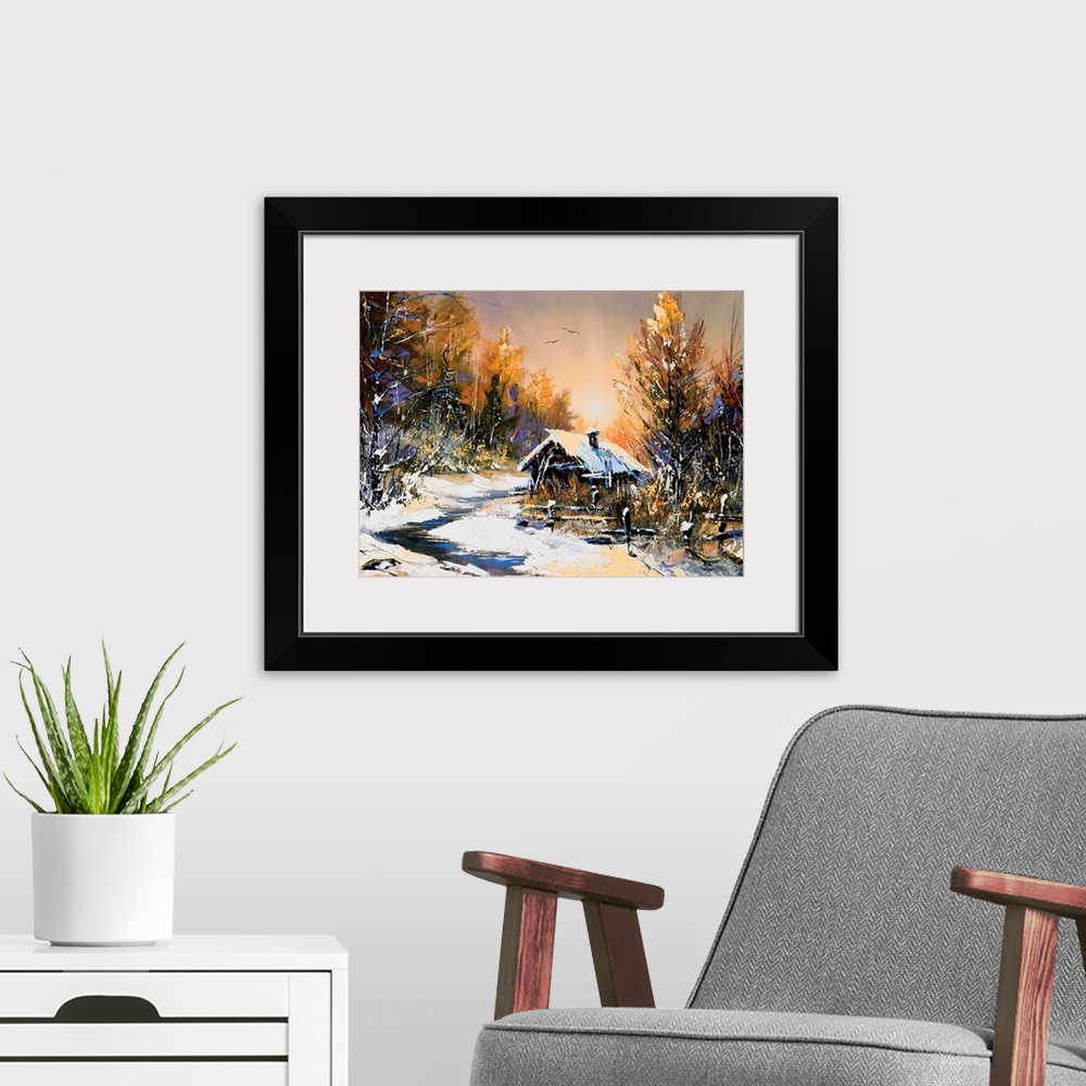 A modern room featuring Oil painting of rural winter landscape