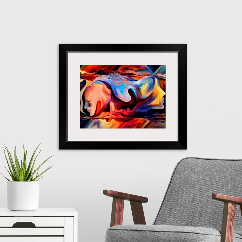 A modern room featuring Colorful abstract painting using organic shapes to create human faces in profile.