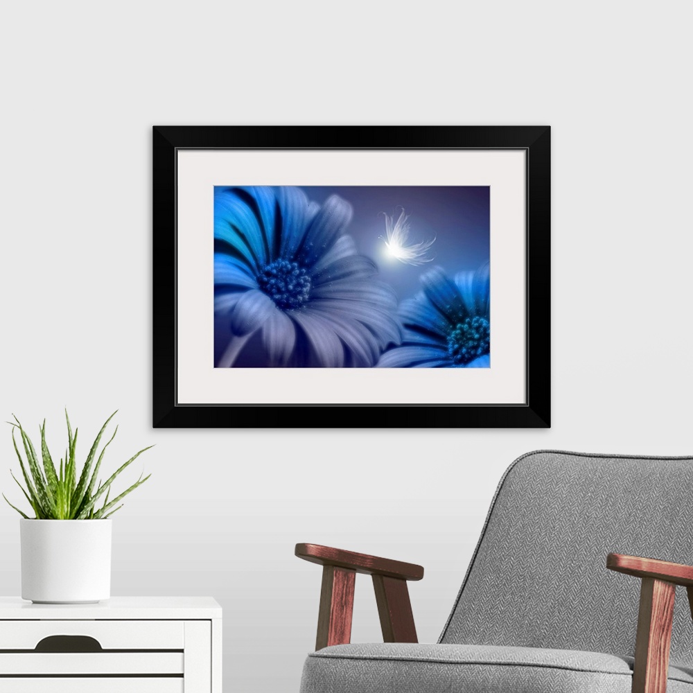 A modern room featuring Mixed media artwork of an up-close shot of two daisies with a glowing butterfly.
