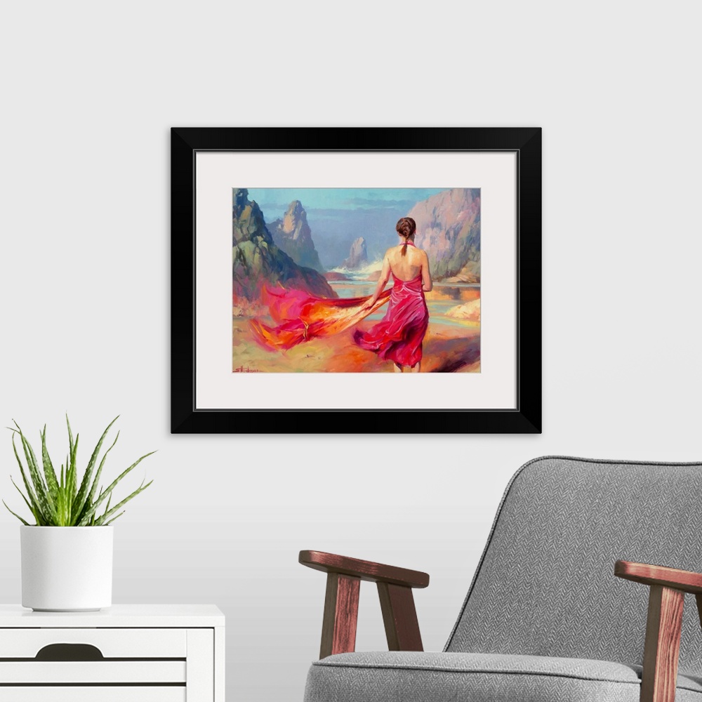 A modern room featuring Traditional representational painting of a young, beautiful woman walking confidently across the ...