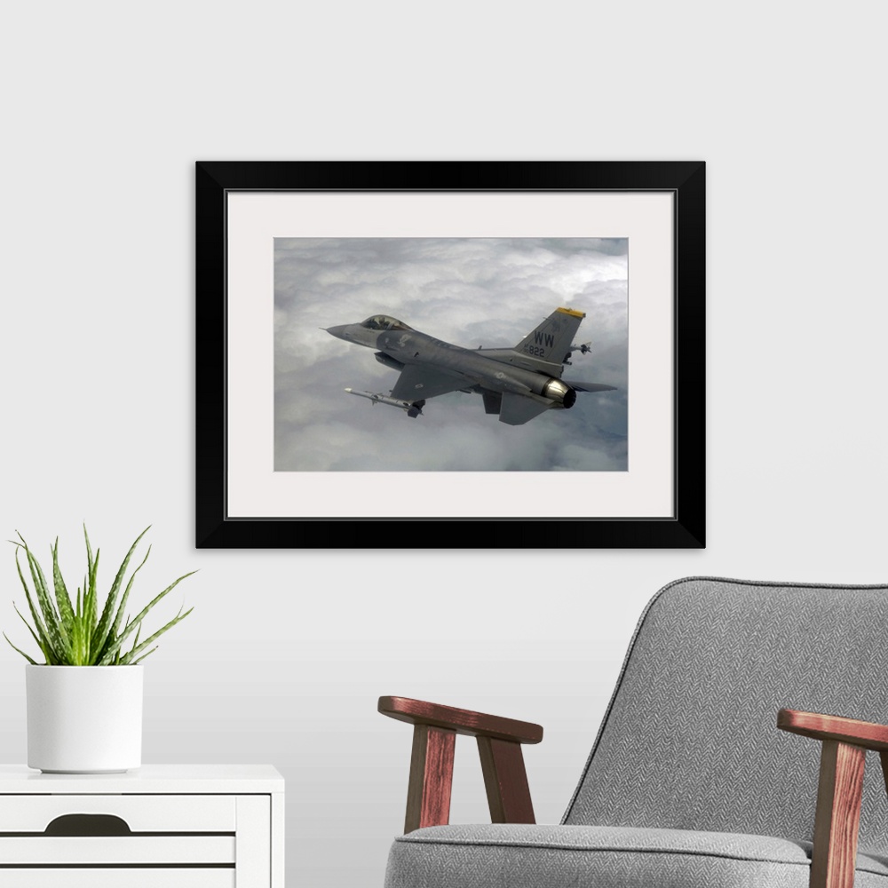 A modern room featuring An F16 Fighting Falcon in flight