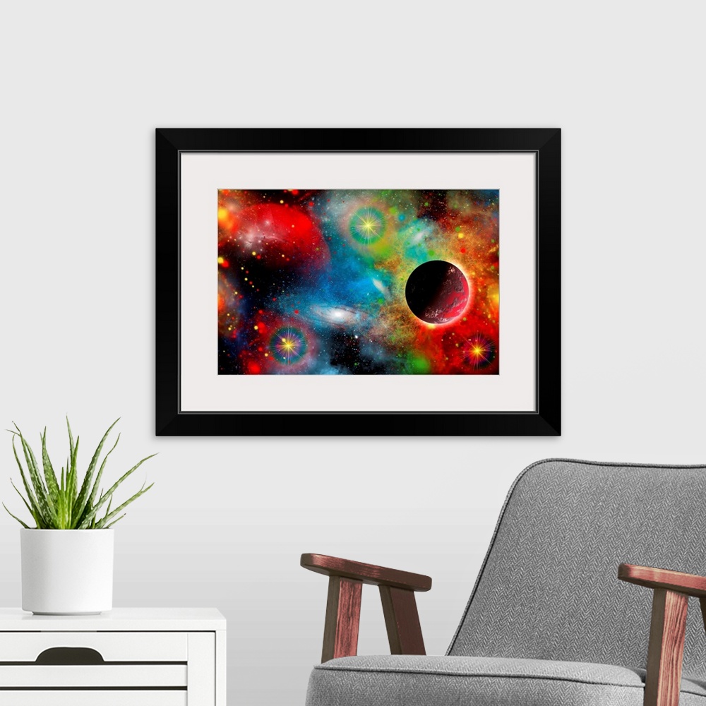 A modern room featuring Artist's concept illustrating what a beautiful, colorful place our cosmic universe truly is.
