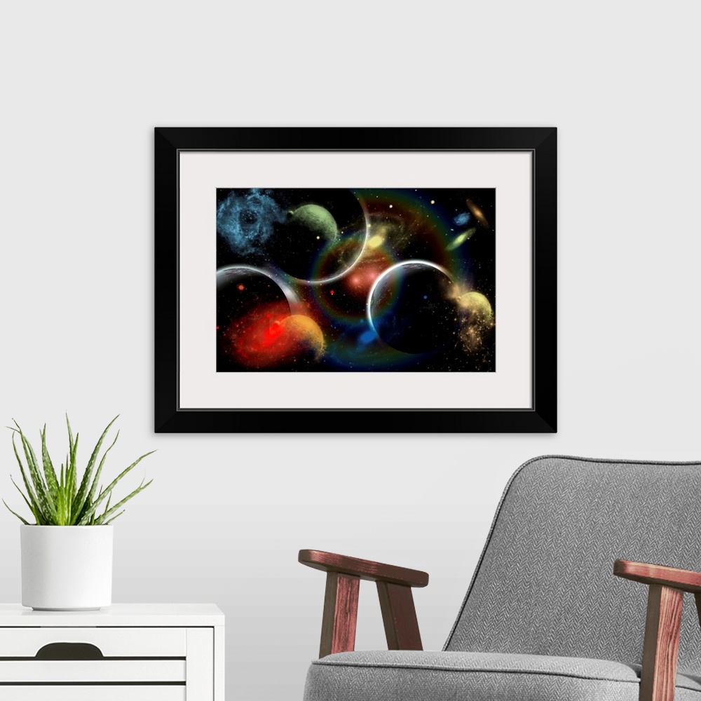 A modern room featuring Artist's concept illustrating the edge of space, whereas time blurs planets, galaxies, nebula, an...