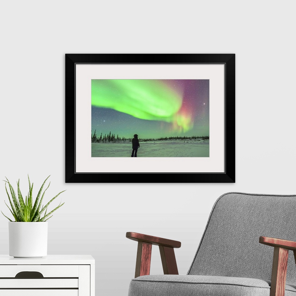 A modern room featuring The aurora borealis of February 3-4, 2014 seen from Churchill, Manitoba, Canada. Vega is setting ...