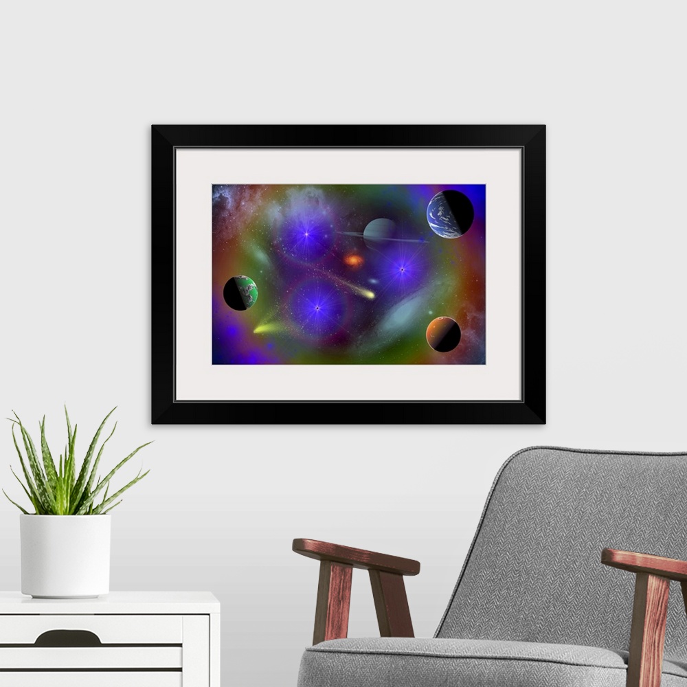 A modern room featuring Conceptual image depicting the stars, planets and nebulae of a scene in outer space.