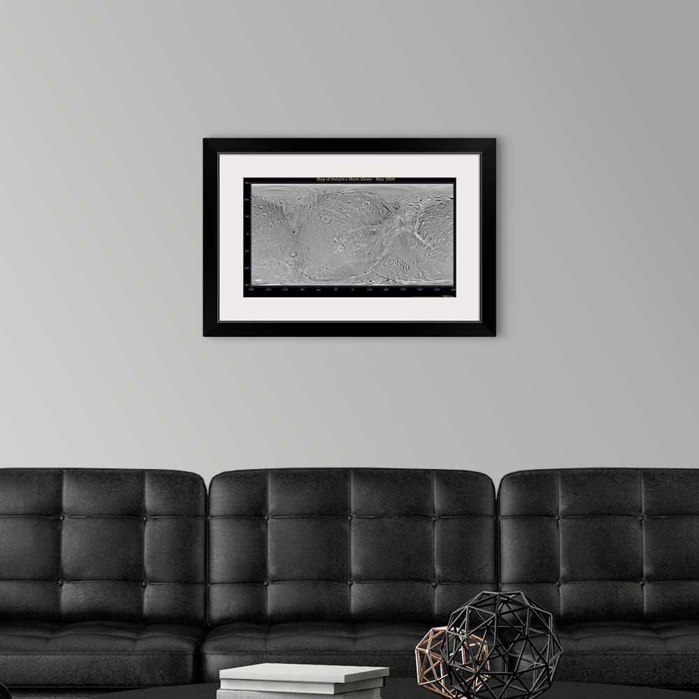 A modern room featuring Global map of Saturns moon Dione