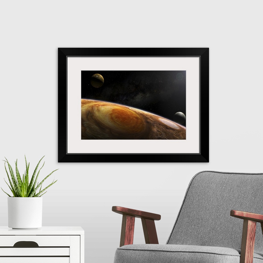 A modern room featuring Two of Jupiter's moons, Io and Europa hover over the Great Red Spot, a massive hurricane-like sto...