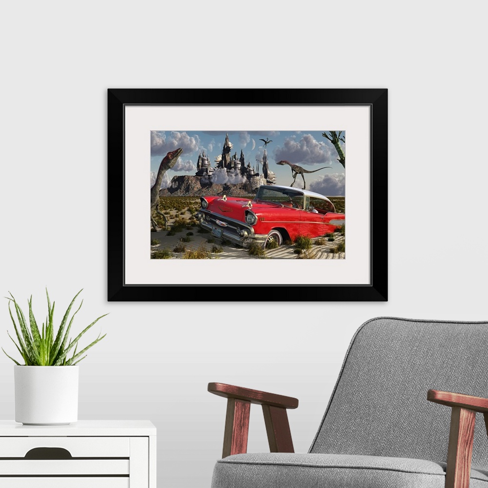 A modern room featuring Artist's concept illustrating a strange combination of Compsognathus dinosaurs, a red Cadillac an...