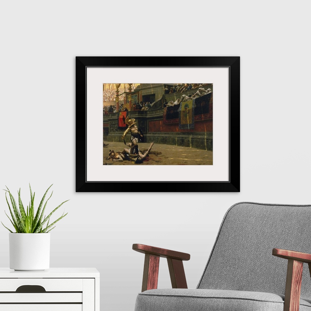 A modern room featuring Vintage print of a Roman Gladiator with his defeated opponent.