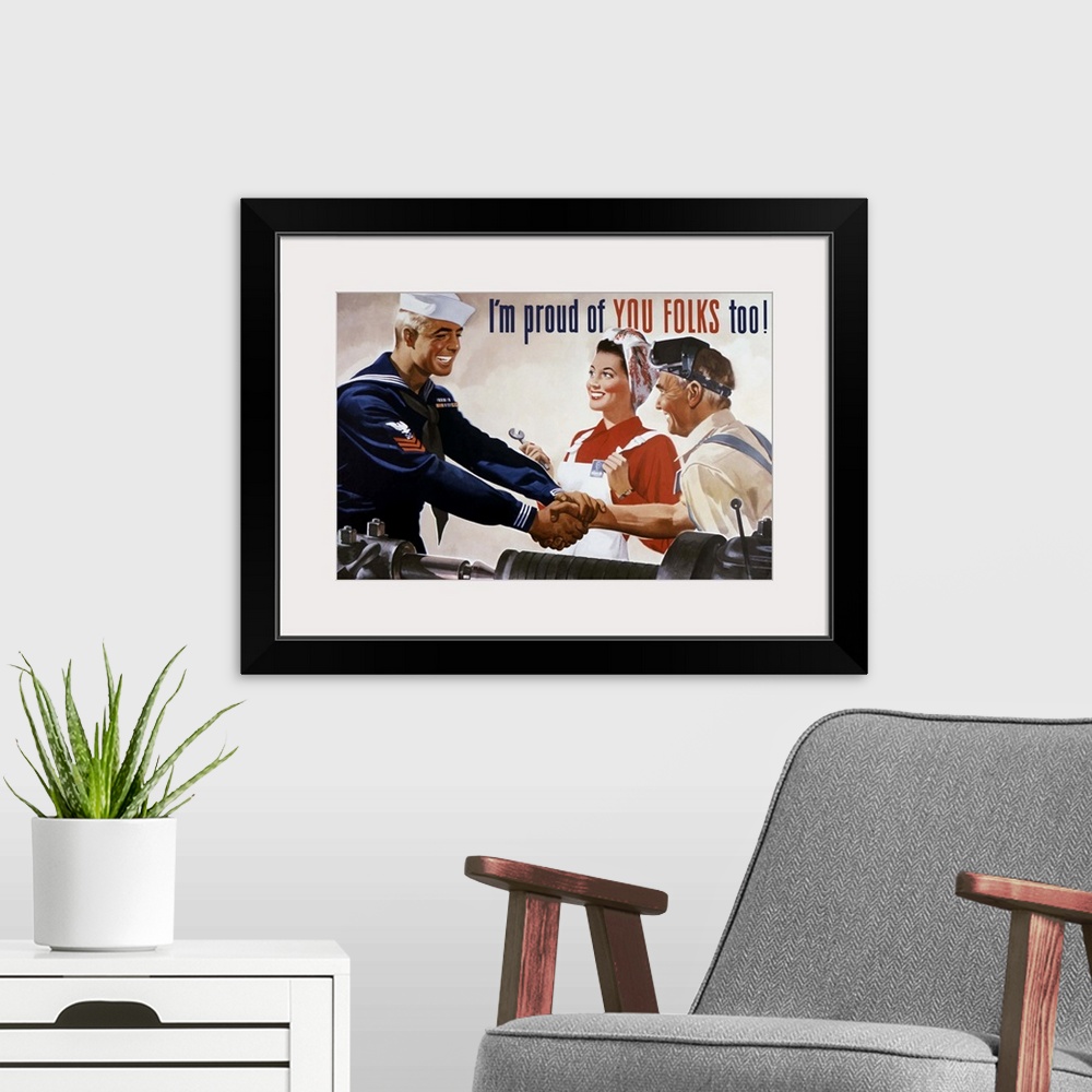 A modern room featuring Vintage World War II propaganda poster featuring a sailor shaking hands with two factory workers....