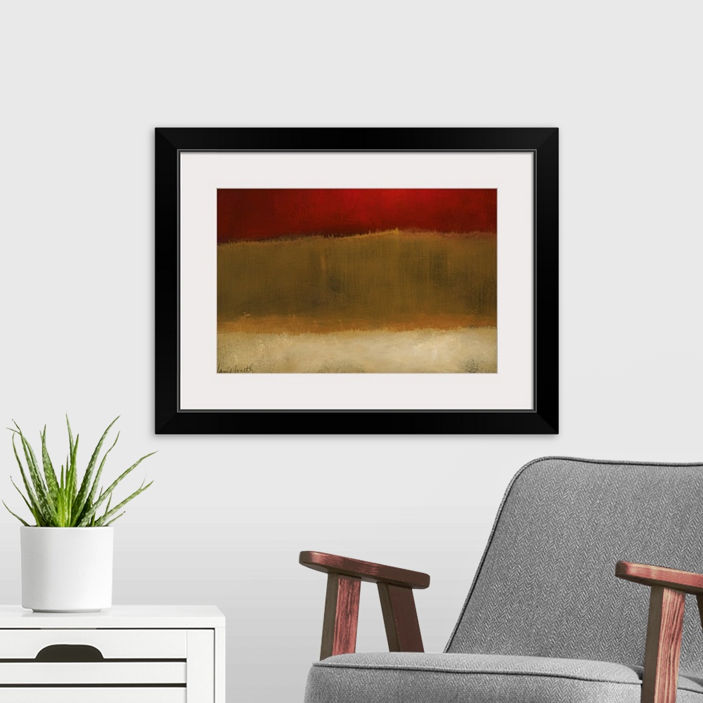 A modern room featuring Big abstract art incorporates three rectangular sections of earth toned colors with frayed edges ...