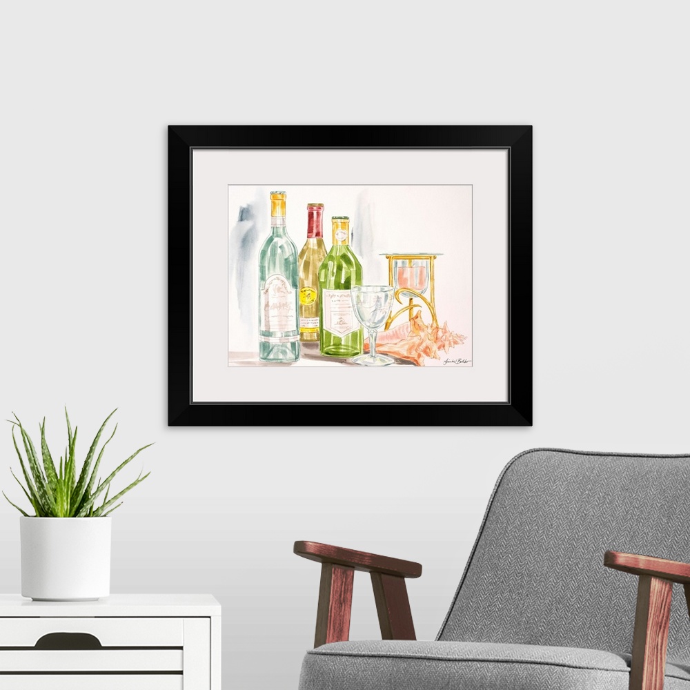 A modern room featuring Watercolor painting of wine bottles with candles and a conch shell.