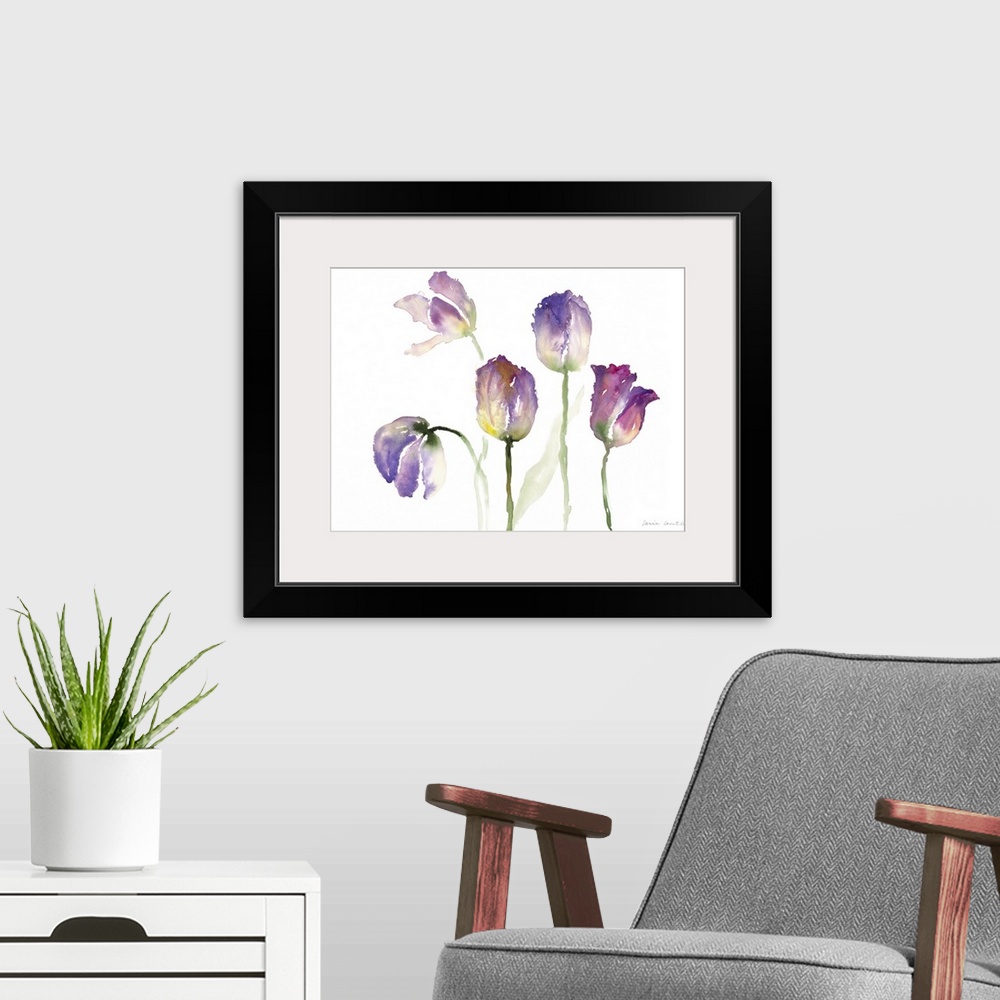 A modern room featuring Watercolor painting of several yellow and purple tulip flowers.