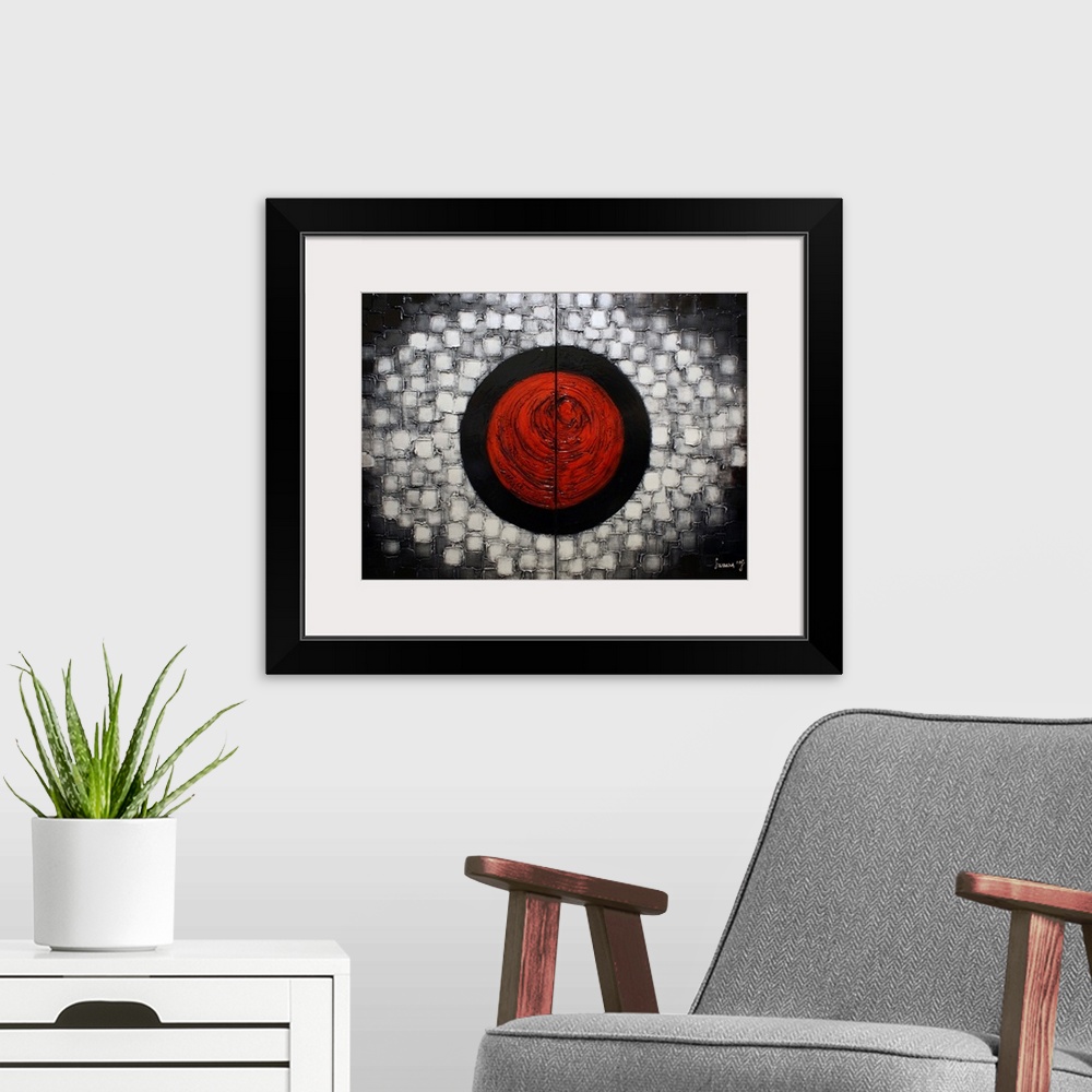 A modern room featuring Abstract painting with a large red circle in the center inside of a larger black circle with laye...