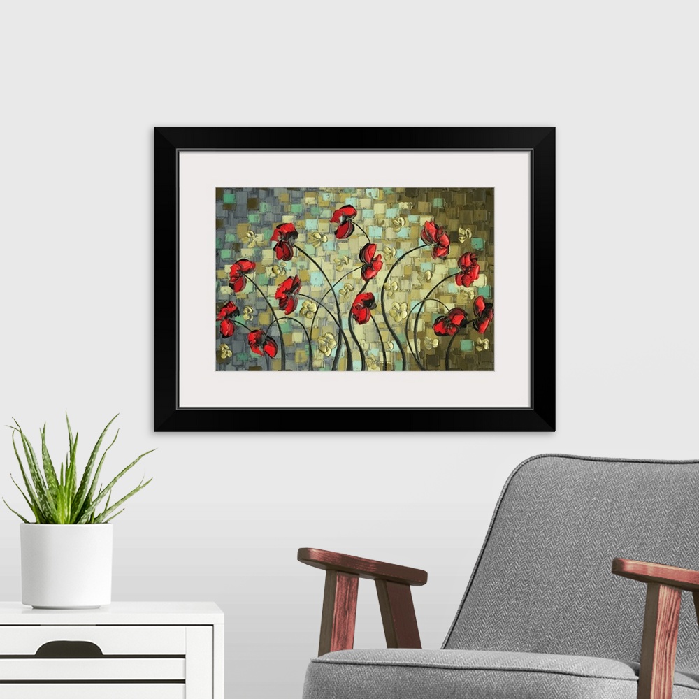 A modern room featuring Abstract painting with red poppy flowers and small gold flowers on a background created with laye...