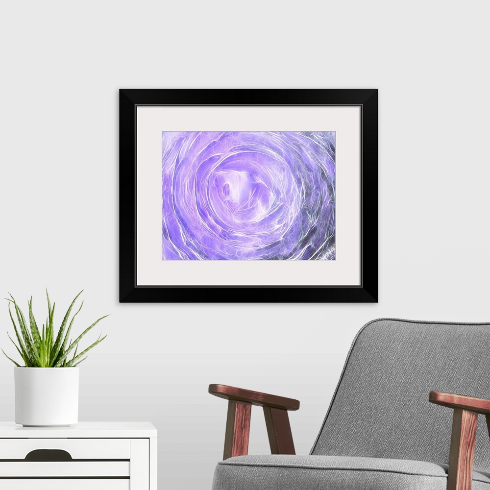 A modern room featuring Thin white lines intertwining together to create circles inside circles on a light purple backgro...