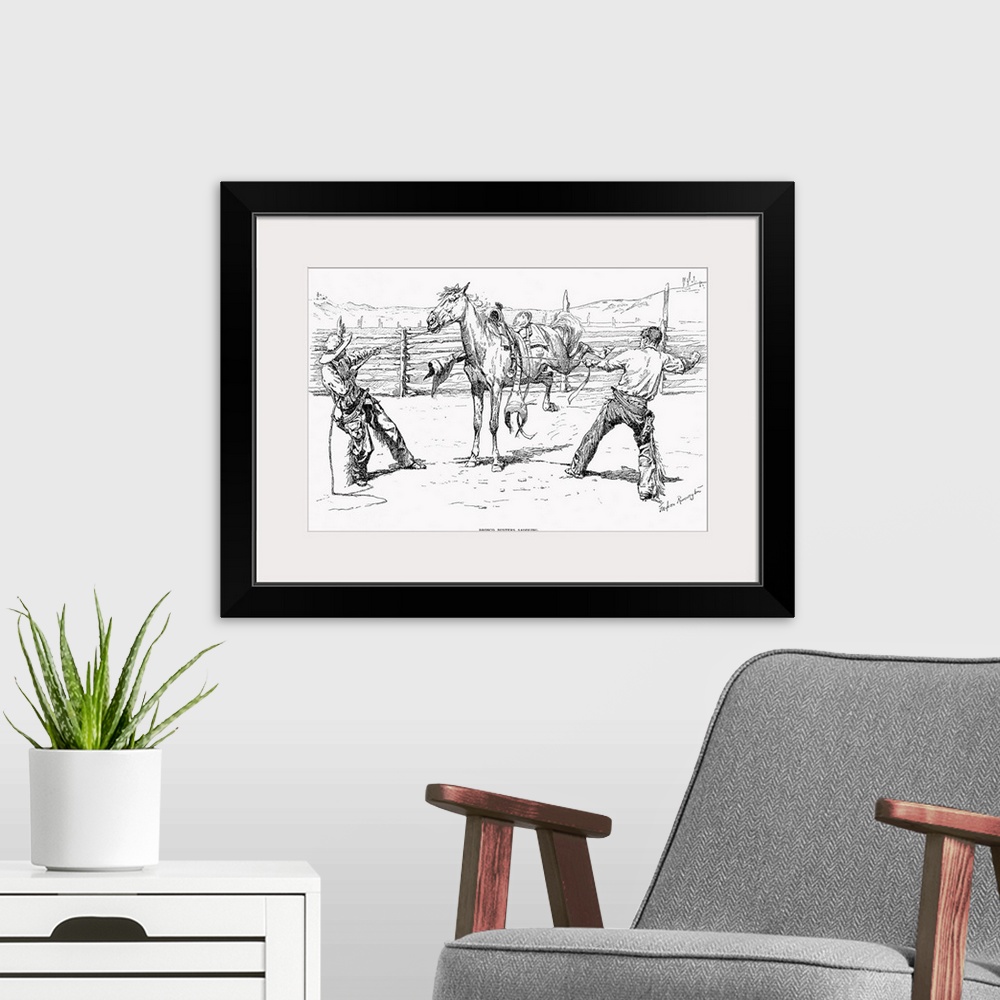 A modern room featuring Bronco Busters Saddling. Wood Engraving, 1888, After A Drawing By Frederic Remington (1861-1908).